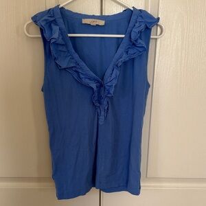 LOFT Blue Ruffled V-Neck Sleeveless Blouse